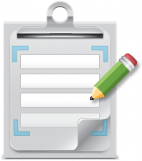 Clipboard with blank form and green pencil.