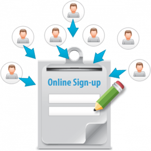 Online sign-up form with pencil, receiving input from multiple user avatars via arrows.