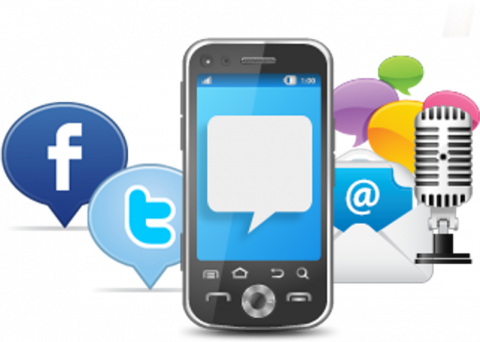 Smartphone with social media icons and microphone, representing communication.
