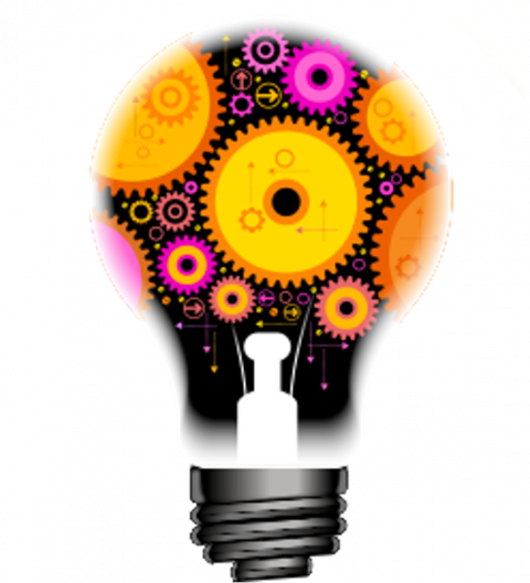 Lightbulb silhouette filled with colorful gears, symbolizing ideas and innovation.