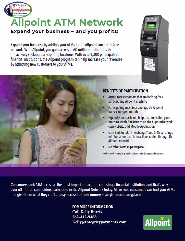 Allpoint ATM network ad. Woman using phone, ATM machine, purple and green colors. Text promoting business profit.