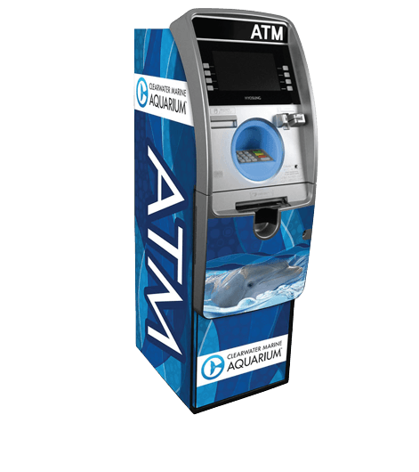 ATM machine with blue, geometric aquarium branding.