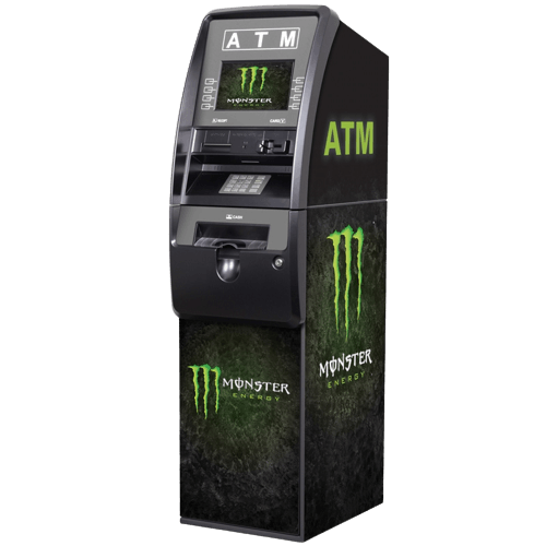 ATM machine with Monster Energy branding on black background.
