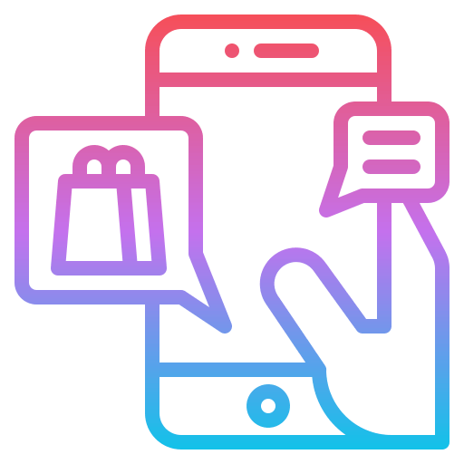 A hand holding a phone; shopping bag icon and chat bubble appear on screen, gradient colors.