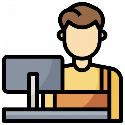 Person with brown hair and apron working on a computer.