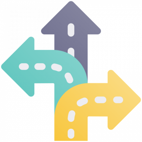 Arrows pointing left, up, and right, indicating choices or directions.