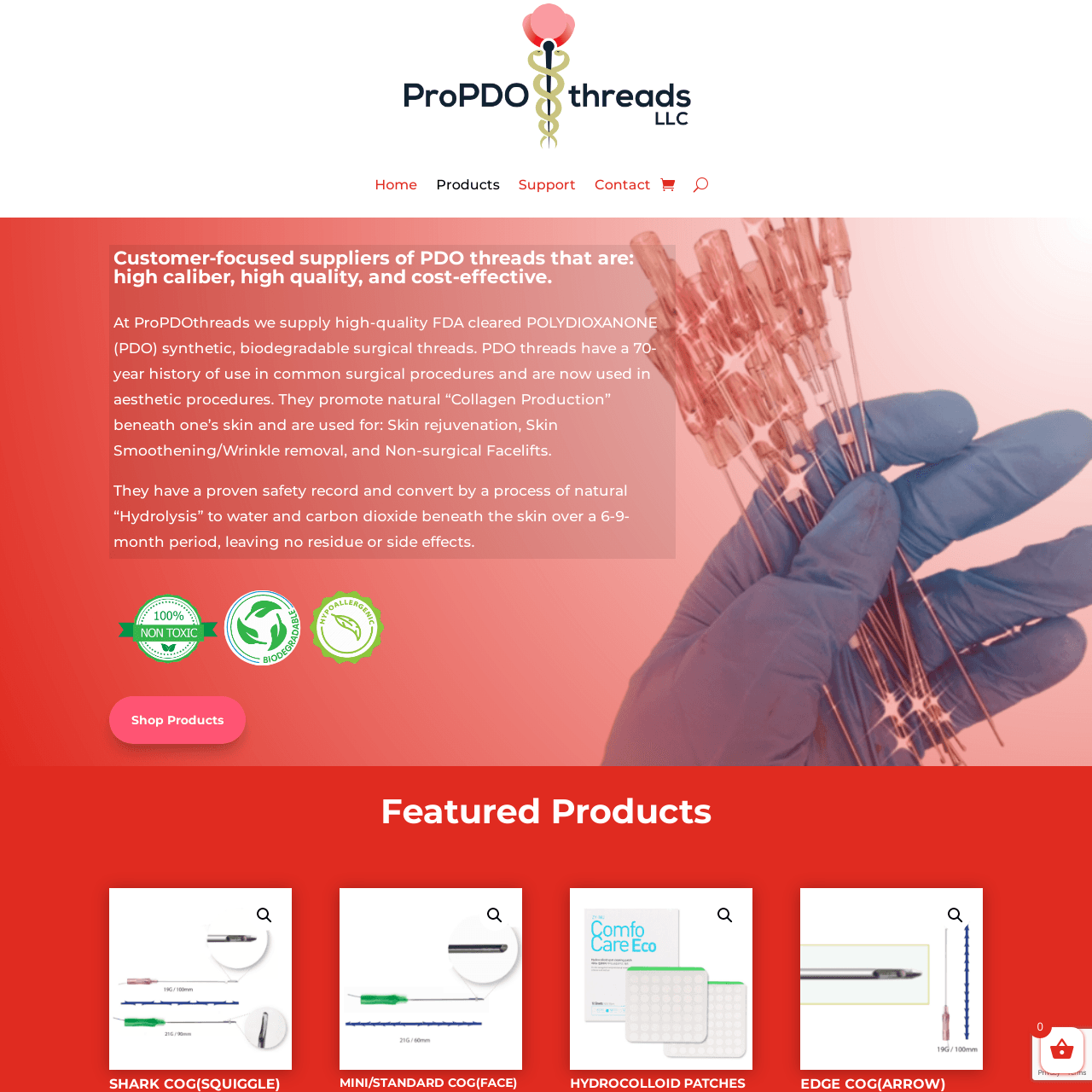 Website showcasing ProPDO threads, featuring a hand holding PDO threads with red and white branding.