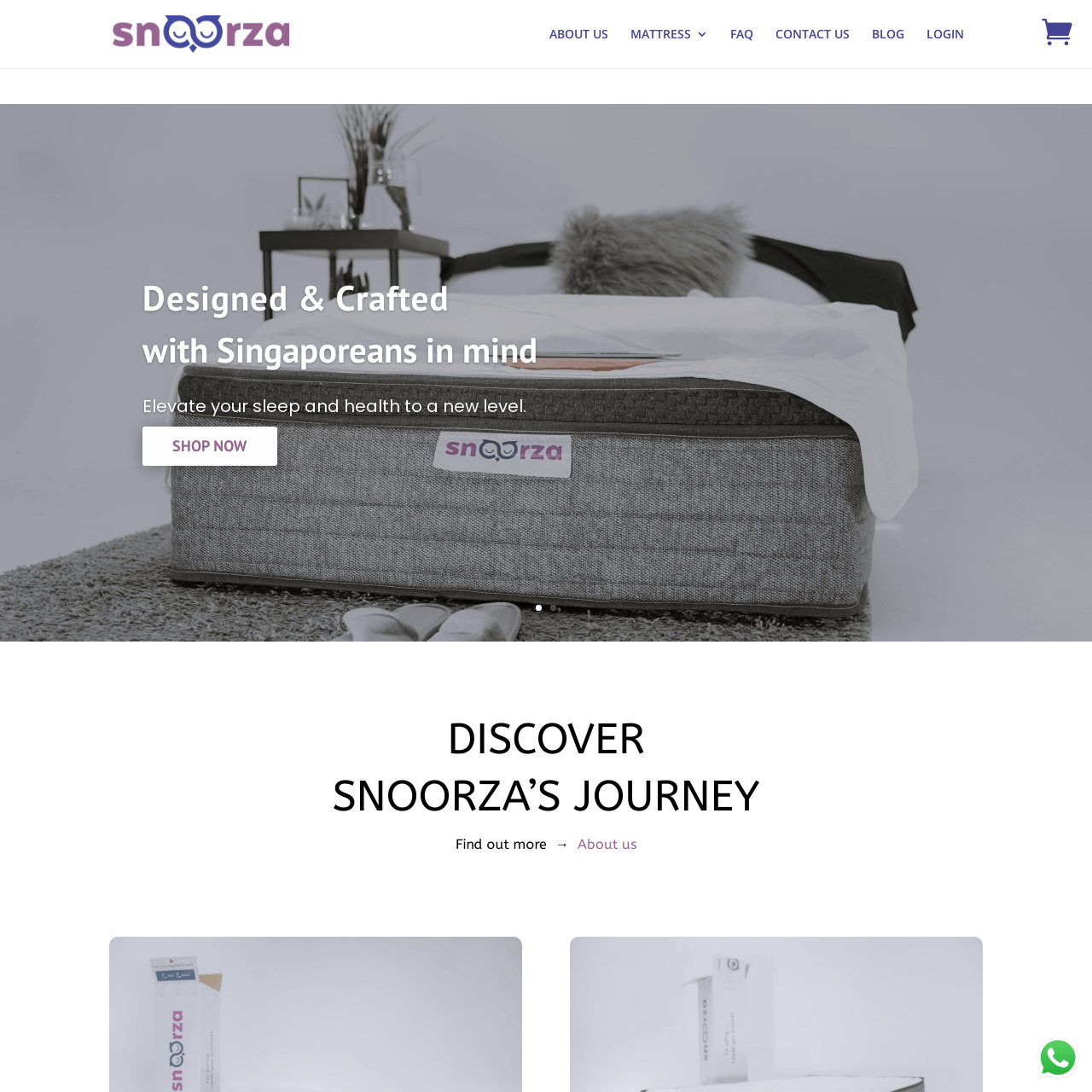 Snooza mattress with bedding, a nightstand, and text that says