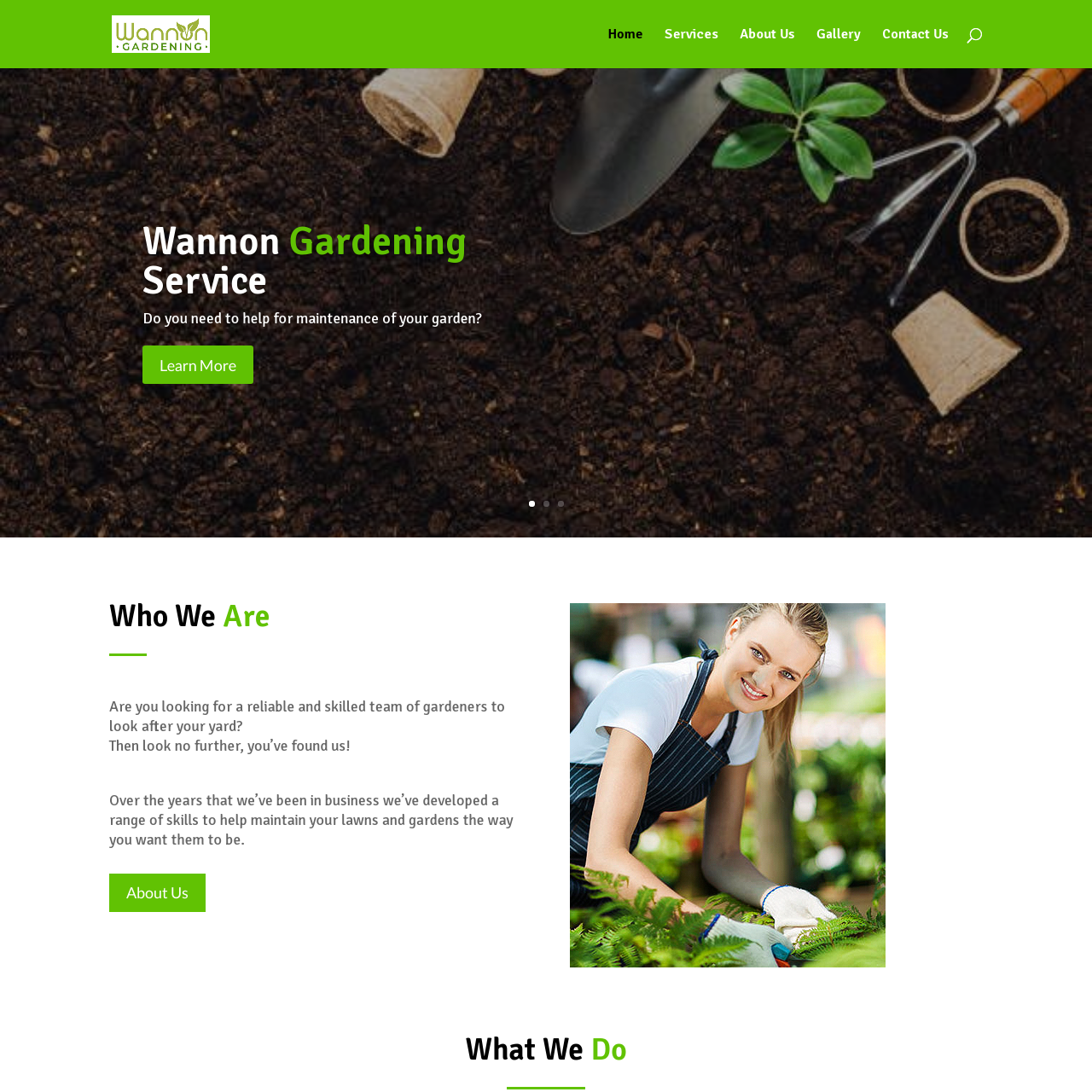 Website homepage with gardening tools on soil; woman tending plants.