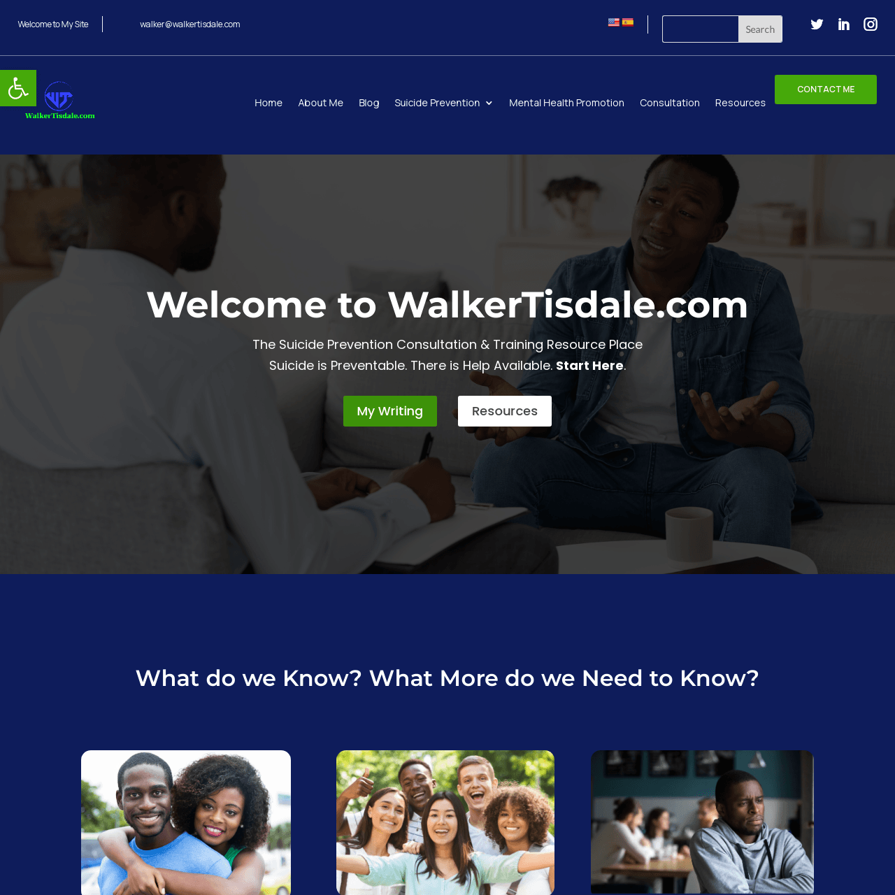 WalkerTisdale.com website homepage: Two men in discussion, white text on dark blue background, diverse photos below.