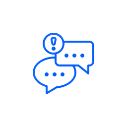 Two speech bubbles with ellipses, and an exclamation point in a circle.