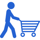 Blue figure pushing a shopping cart.