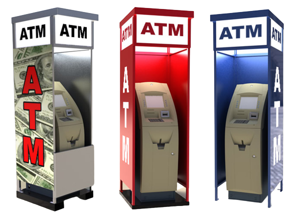 Three outdoor ATM kiosks: silver with money background, red, and blue. Each has 