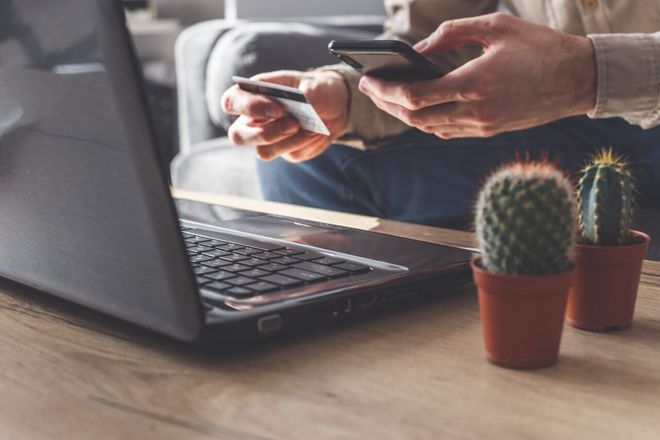 Person using a laptop and phone, holding a credit card. Two small cacti are nearby.