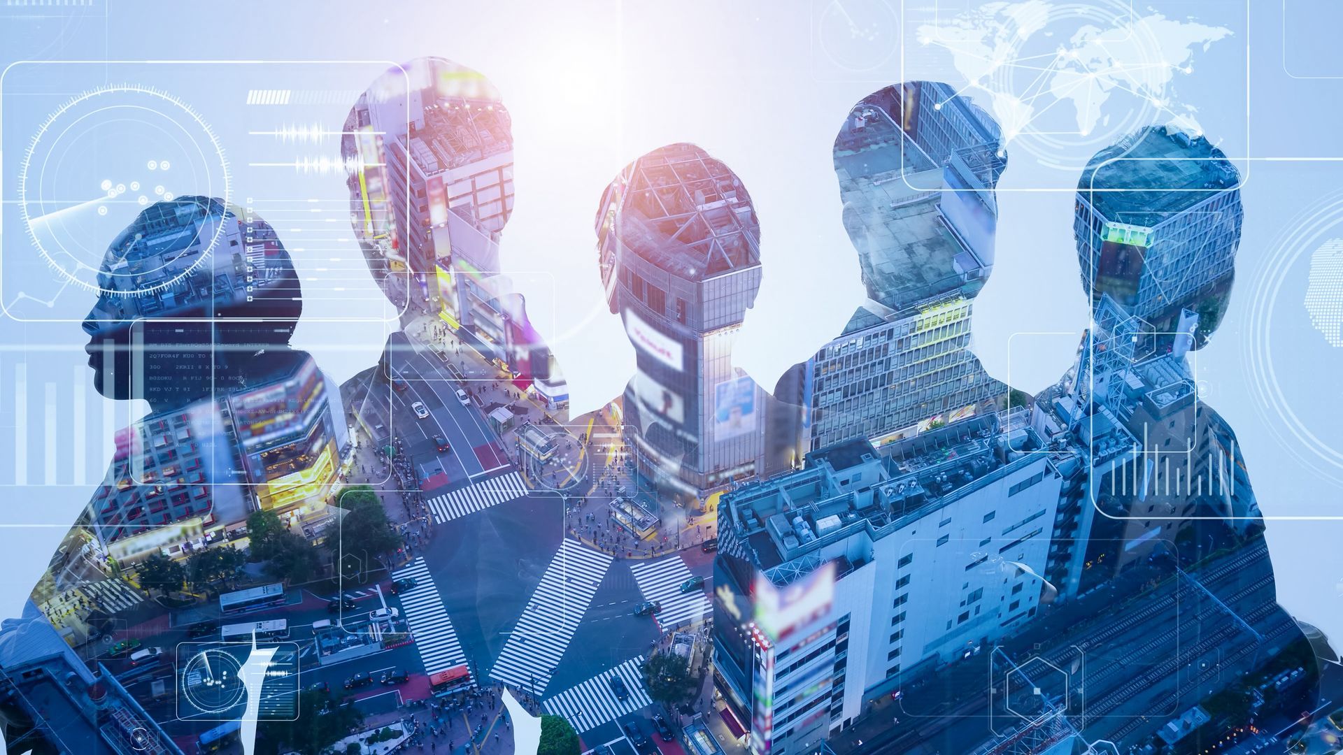 Five silhouettes of human heads are double-exposed with aerial cityscapes, blue digital data overlays, and global maps.