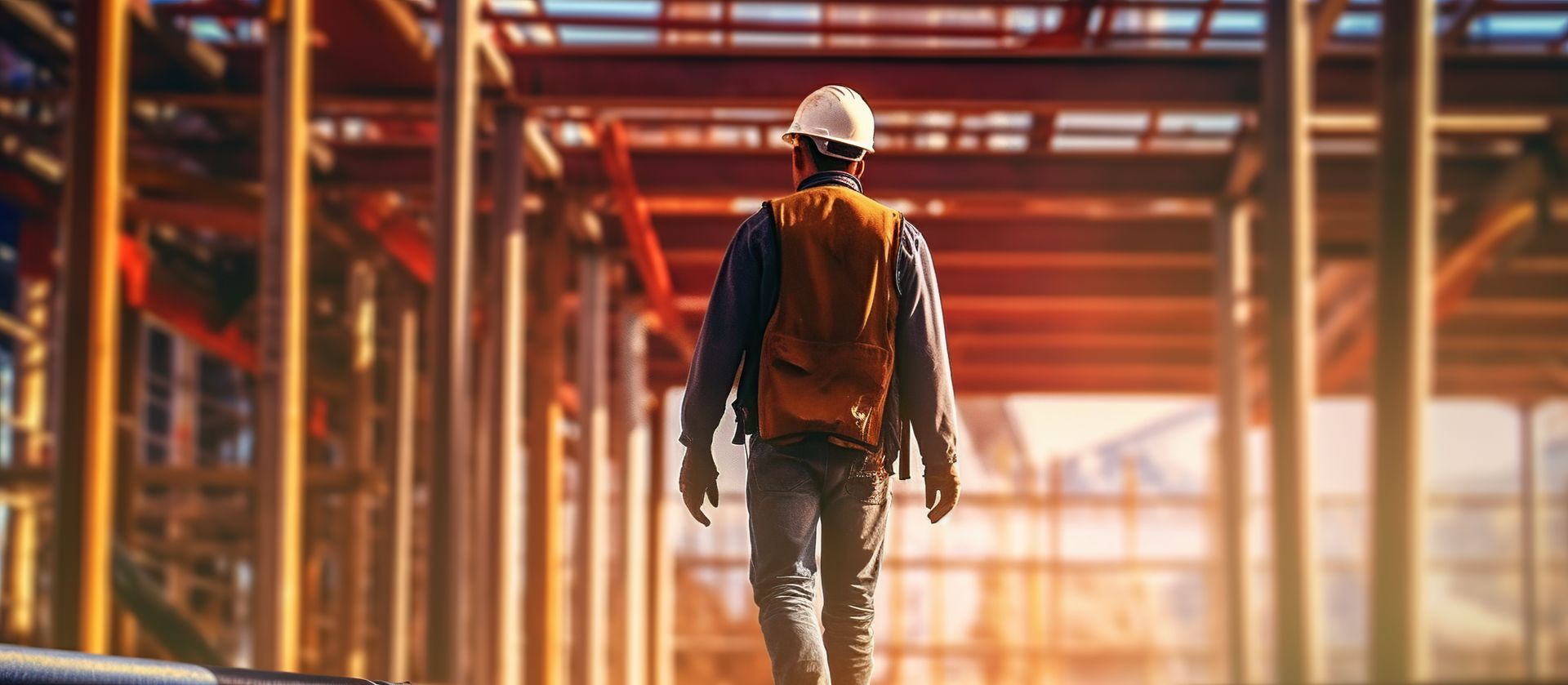 A construction worker in a hard hat and safety vest walks away through an industrial building frame at sunset.