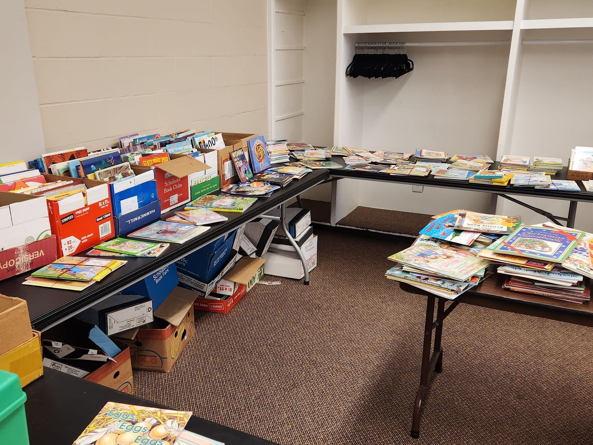 Books laid out on tables and in boxes; likely a book sale in a room with carpet and shelves.