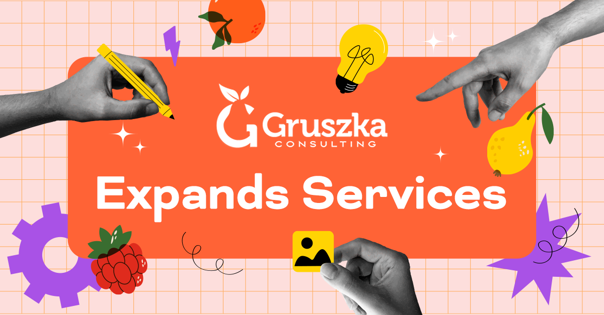 Orange graphic promoting Gruszka Consulting, 
