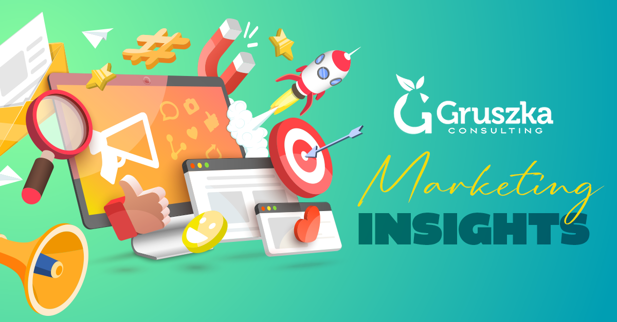 Marketing insights graphic: various marketing icons with a company logo.