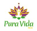 Pura Vida Baja logo with purple and green lotus, white meditating figure, and green-yellow text