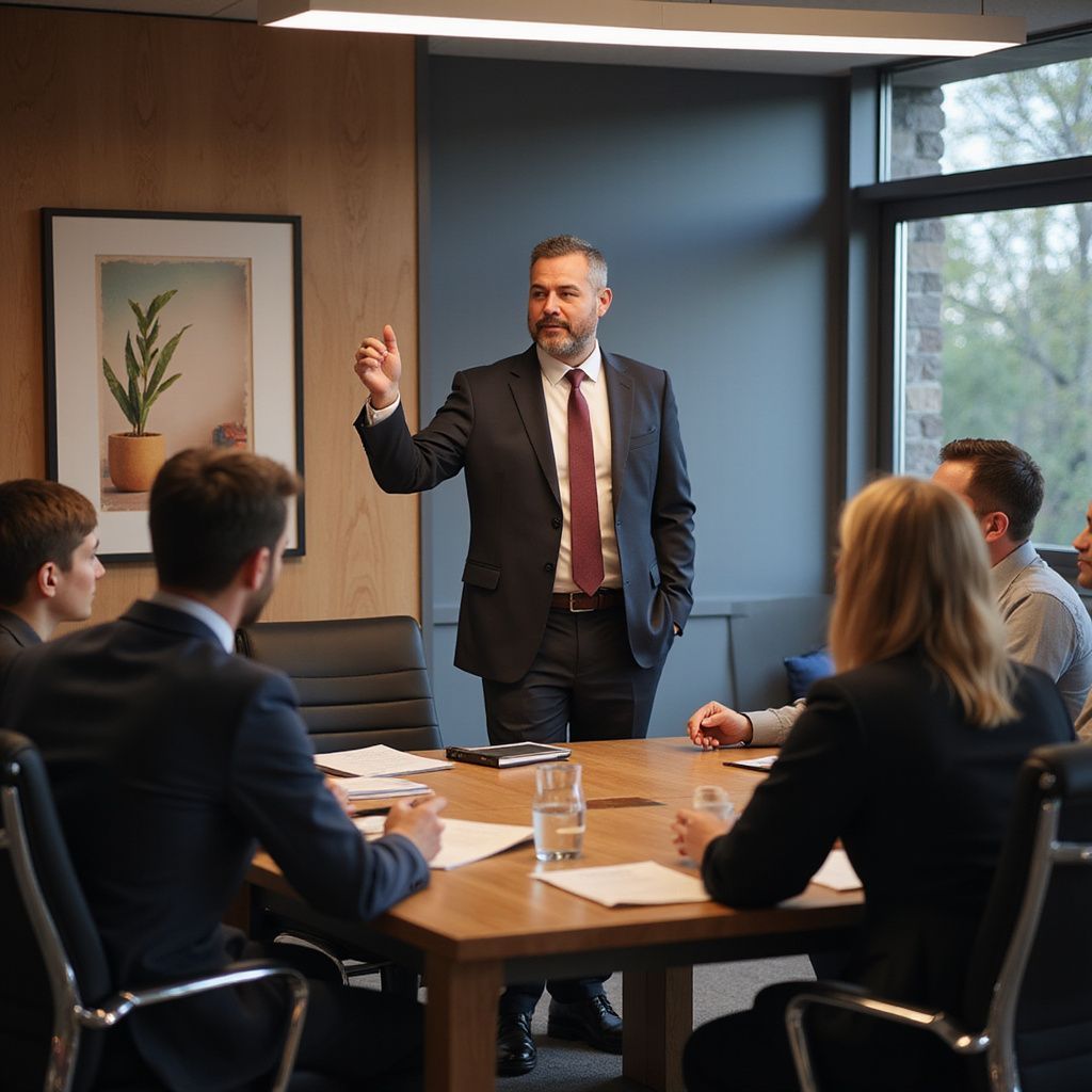 Man in suit leads a meeting at a table, gesturing, surrounded by colleagues.