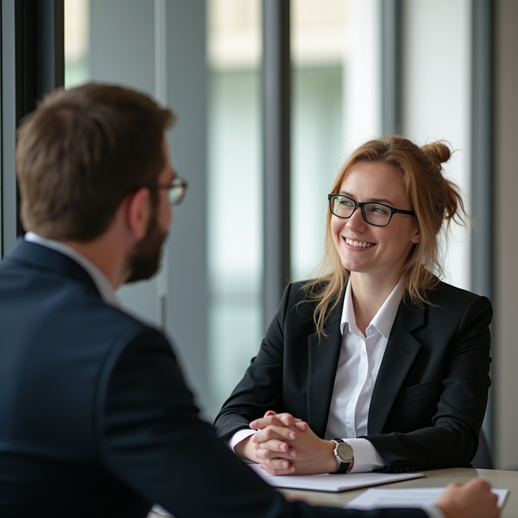 Woman in a black suit smiles at a man in a business setting, engaged in conversation.