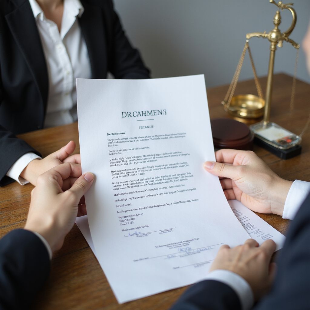 Person holding document, discussing details with another person at a table, scales of justice in background.