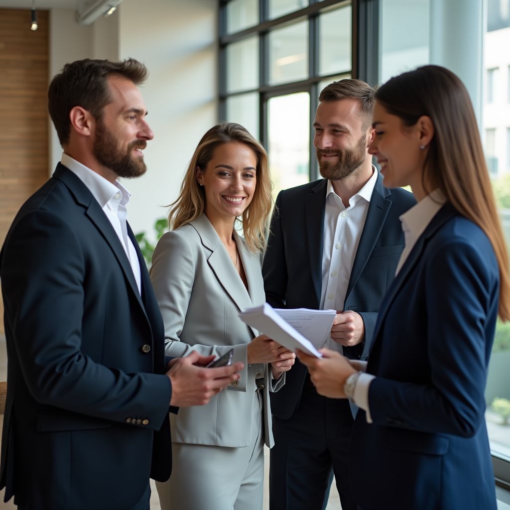 Four professionals in suits conversing near large windows, holding papers, and smiling.
