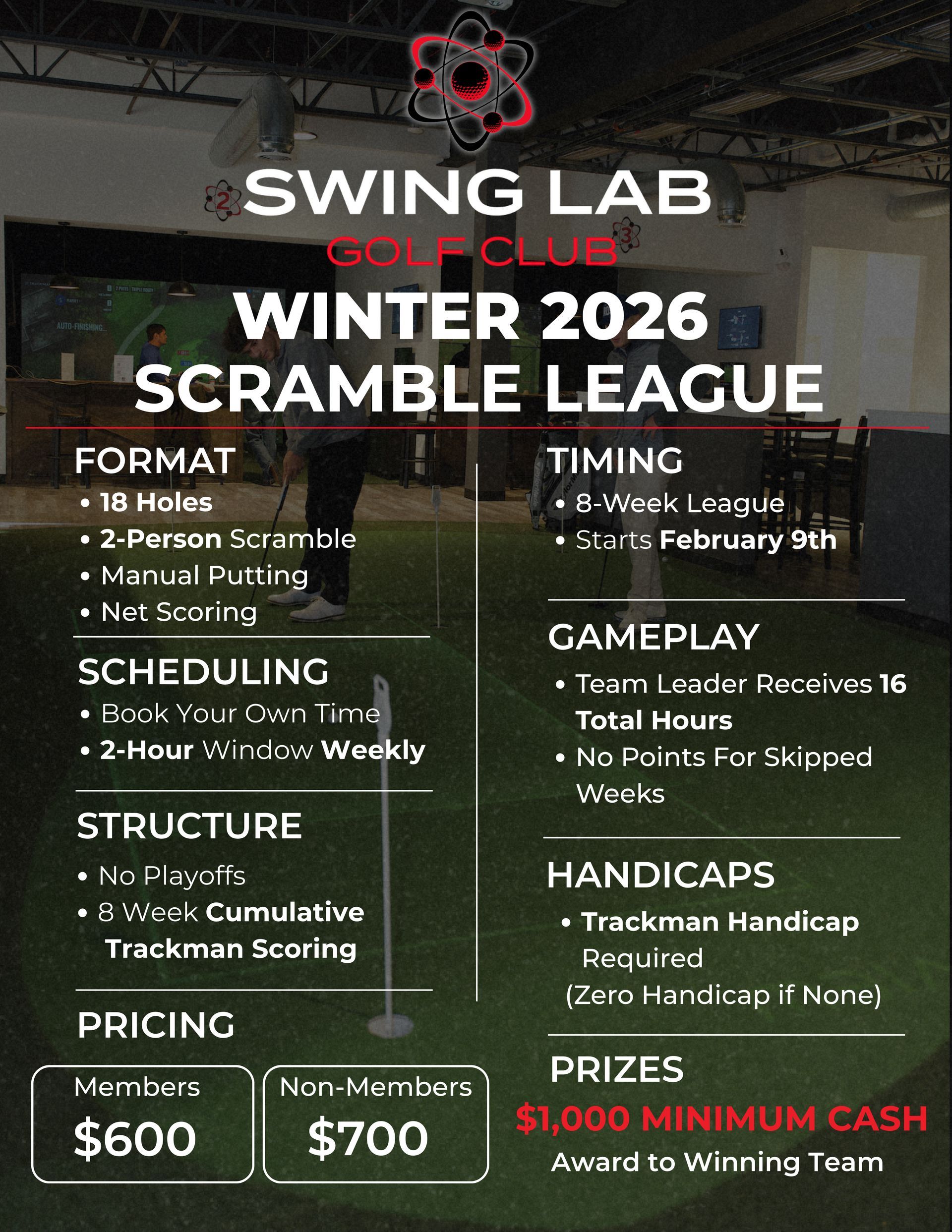 Flyer for Swing Lab Golf Club's Winter 2026 Scramble League, listing format, scheduling, pricing, and prizes.