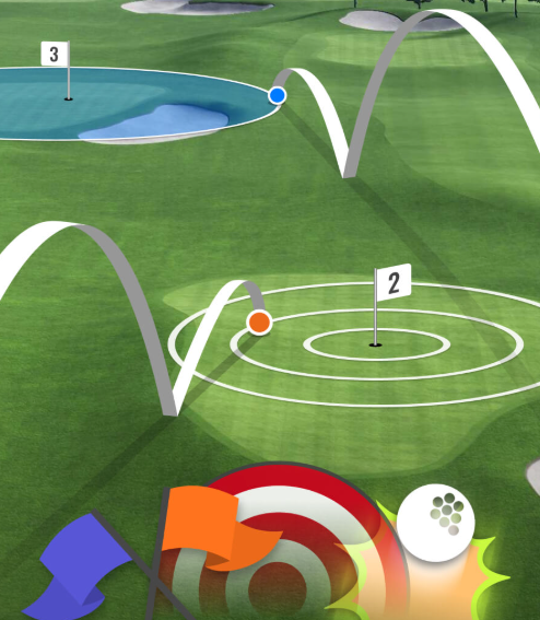 TrackMan indoor golf simulator game mode showing ball flight to green