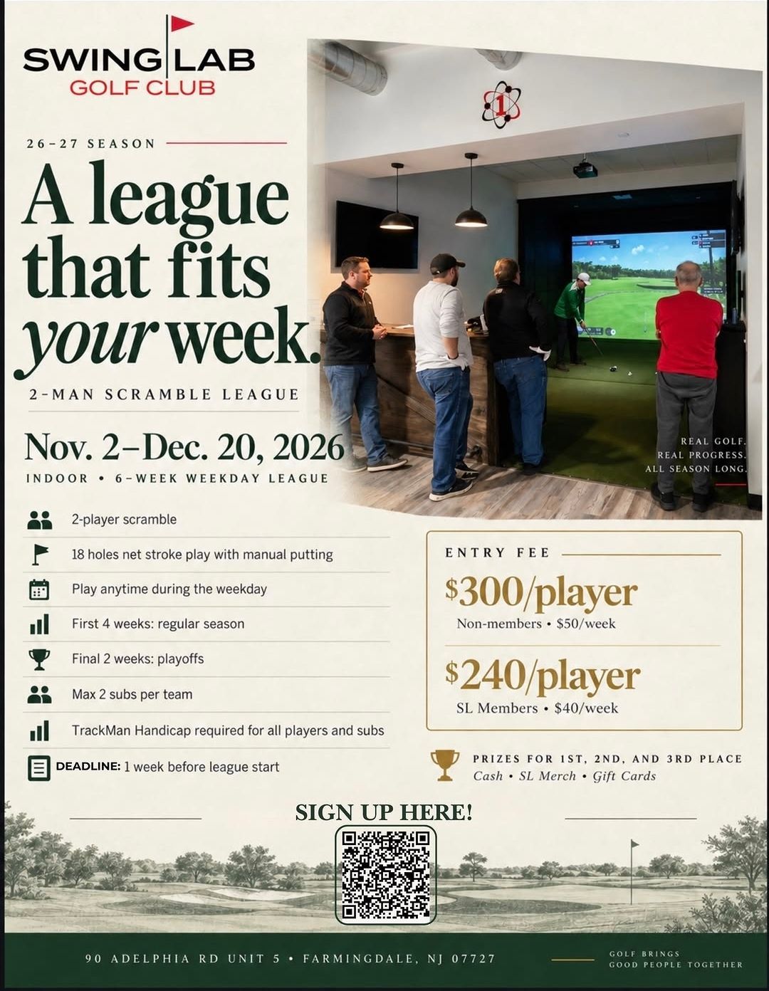 Flyer for Swing Lab Golf Club's Winter 2026 Scramble League, listing format, scheduling, pricing, and prizes.