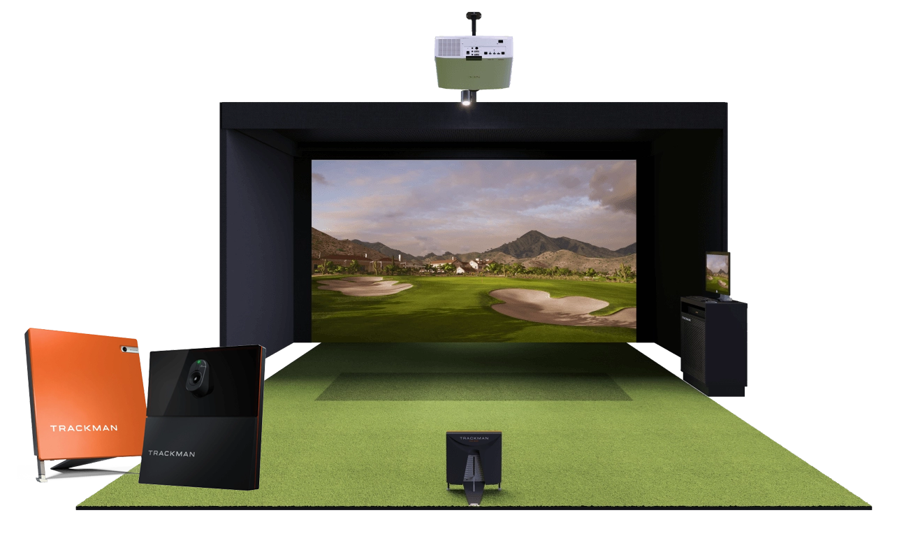 TrackMan indoor golf simulator setup with turf mat and large display