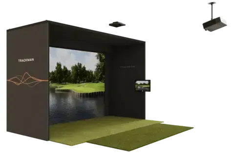 TrackMan golf simulator setup with large screen and turf mat