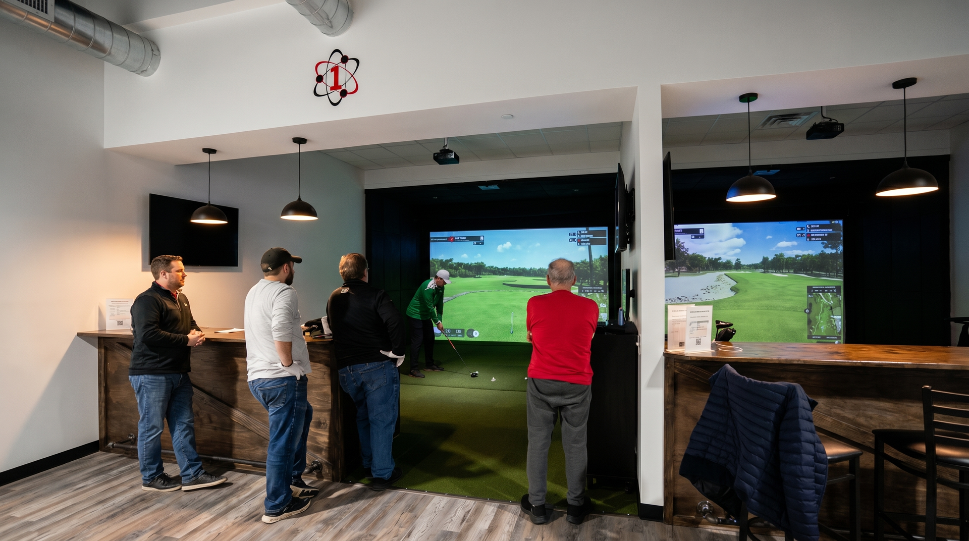 Virtual indoor golf course view displayed on TrackMan simulator screen