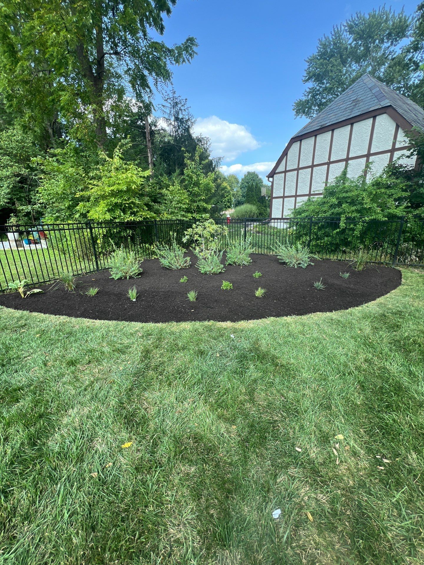 A lush green lawn with a large pile of mulch in the middle of it.