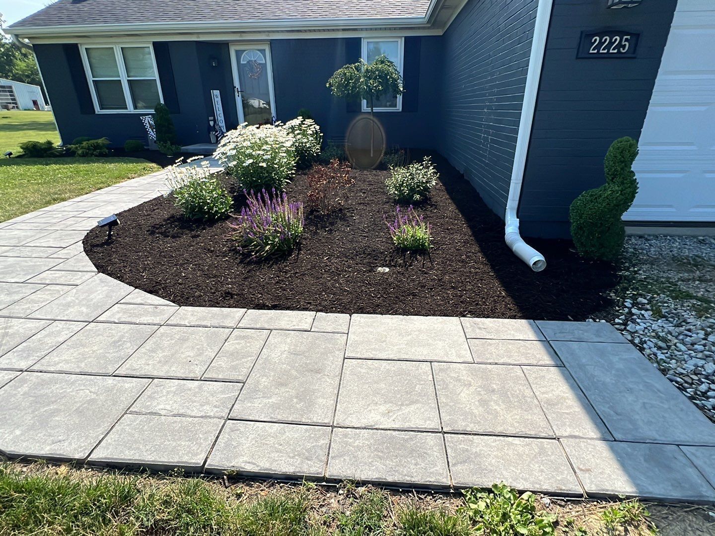 A walkway leading to a house with a garden in front of it.