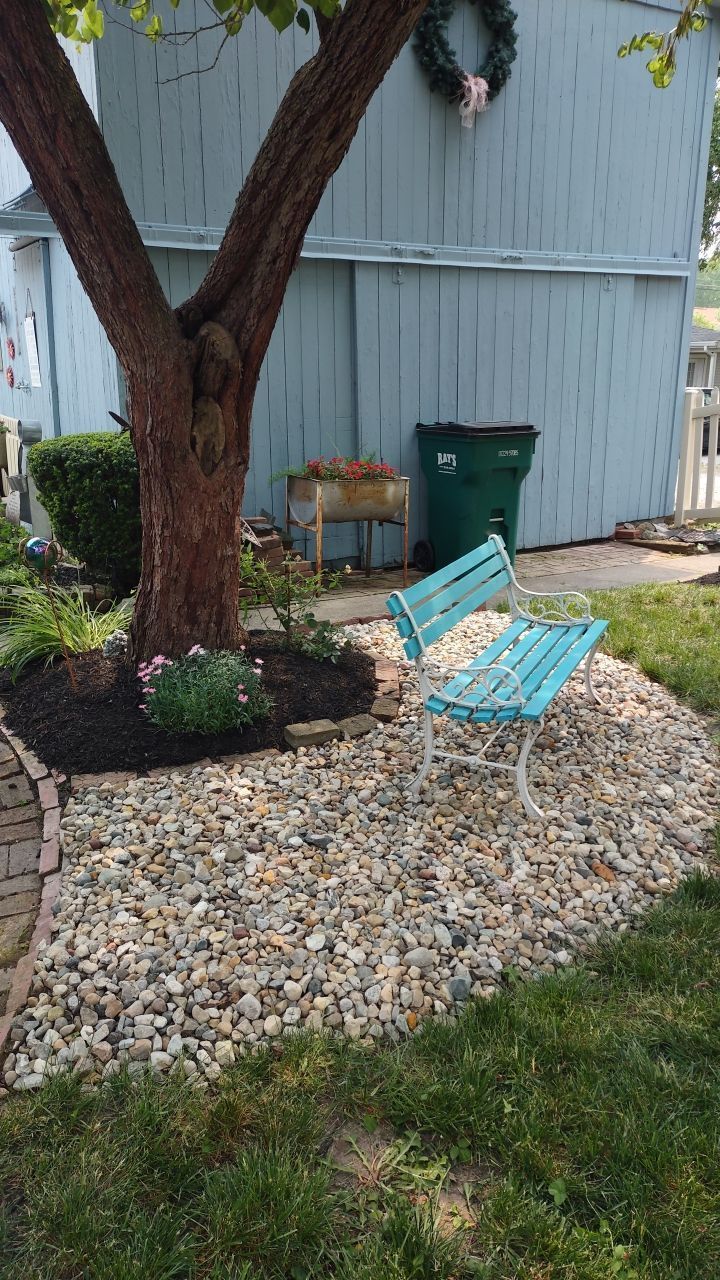 A blue bench is sitting under a tree in a yard.