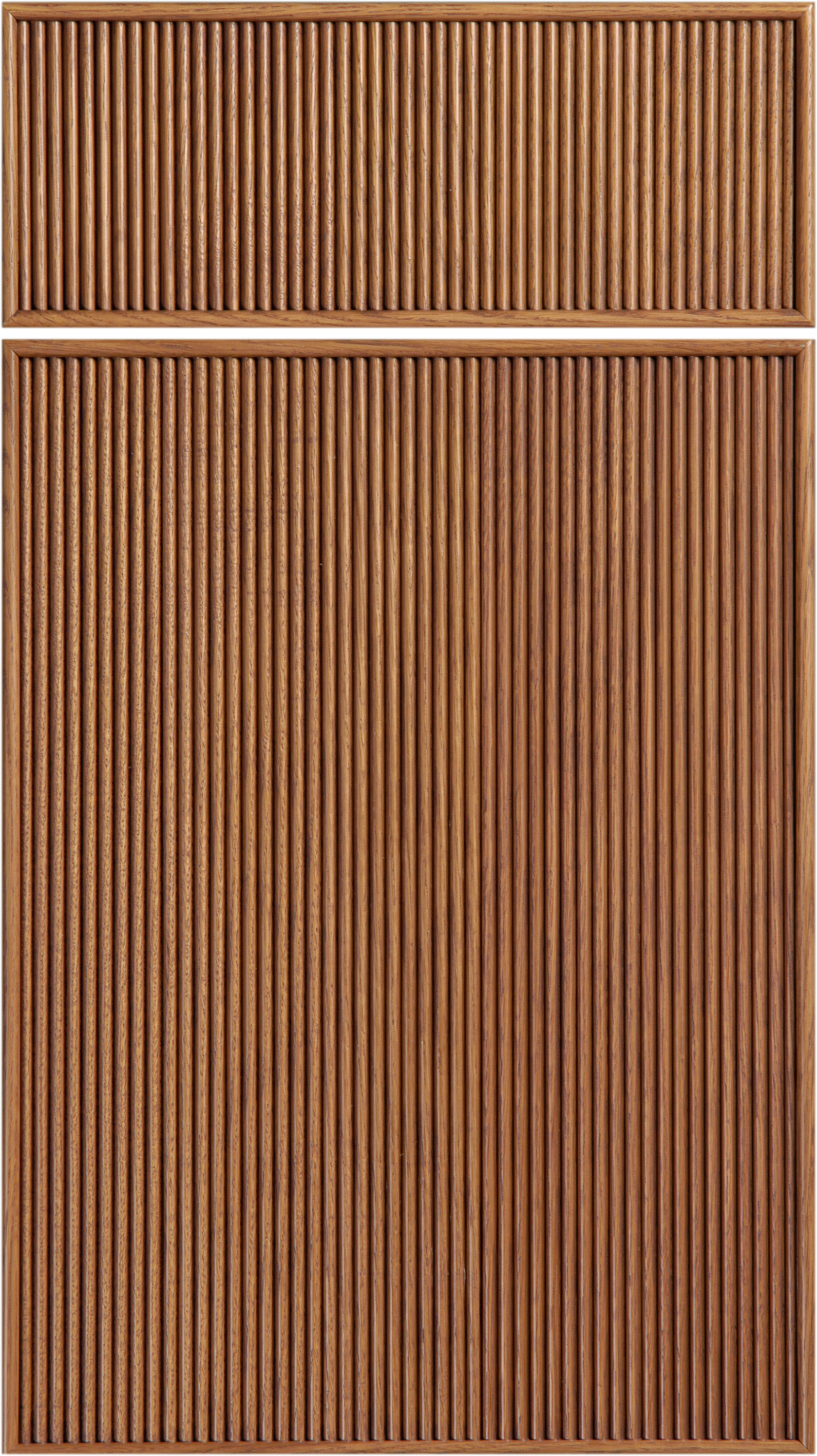 Wooden cabinet door with vertical grooves, framed in brown wood.