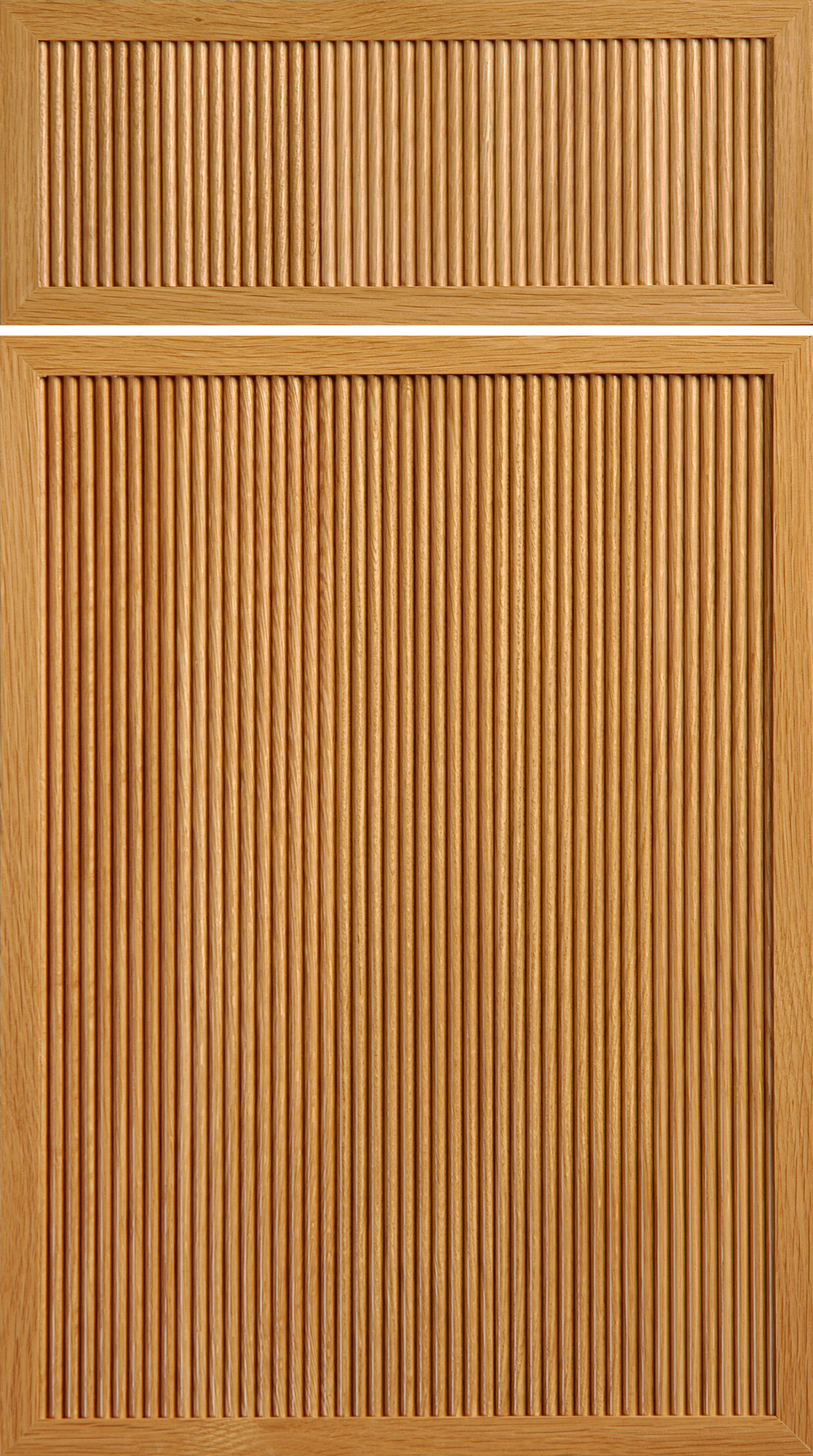 Wooden cabinet door with vertical grooves.