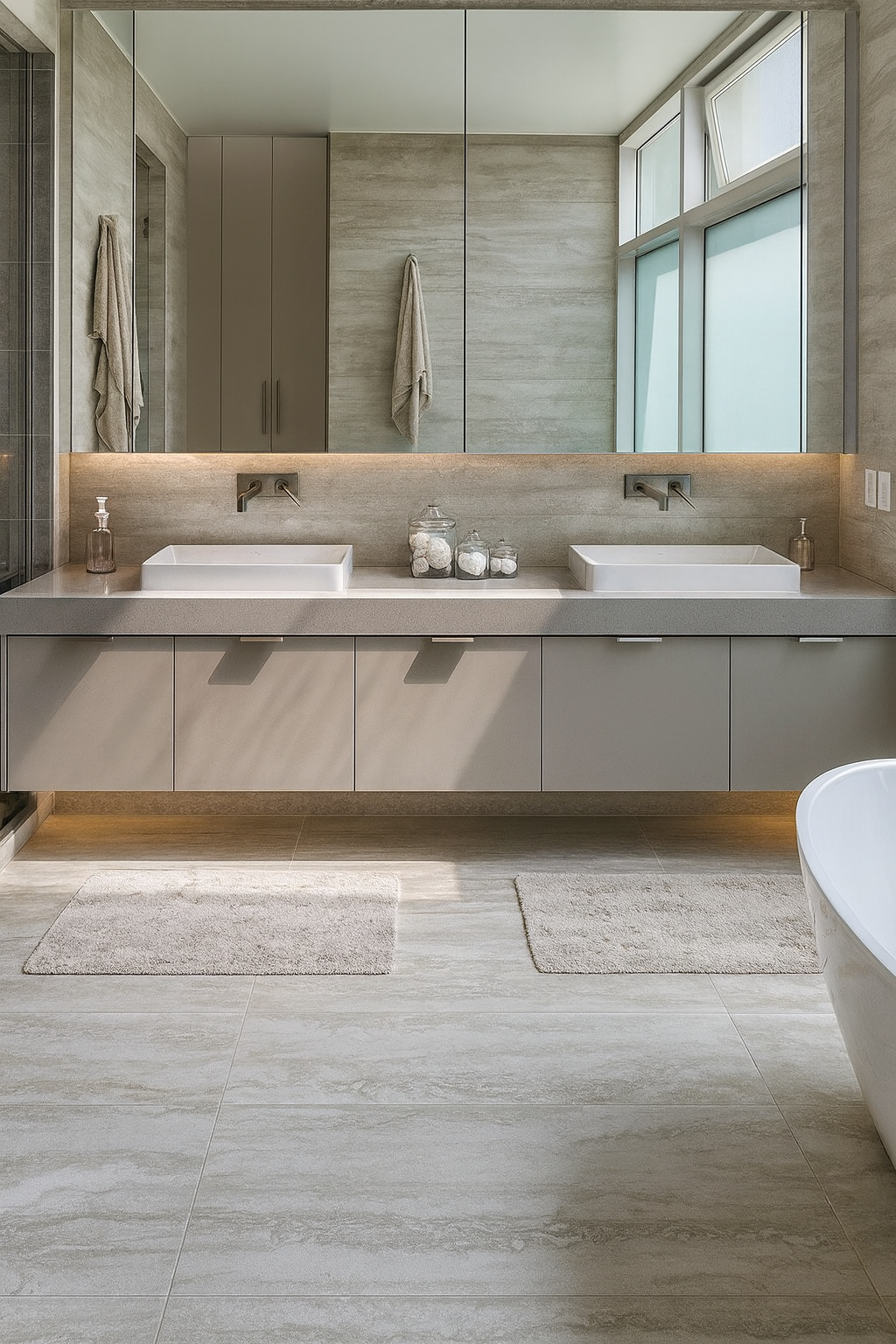 Modern bathroom with double vanity, large mirror, and light beige stone finishes