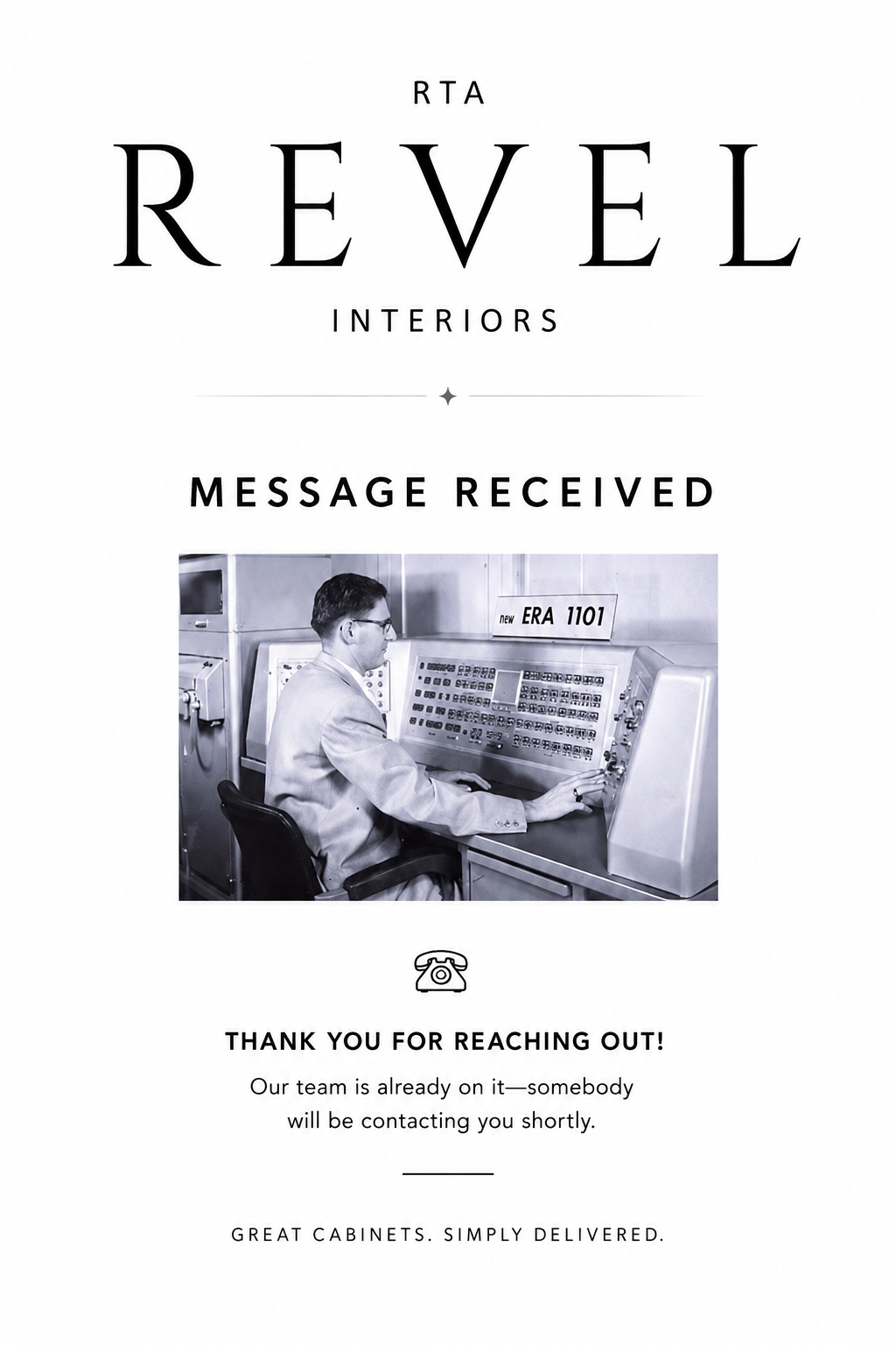 REVEL Interiors message received notice with black-and-white photo of a man holding a sign; thank-you message below