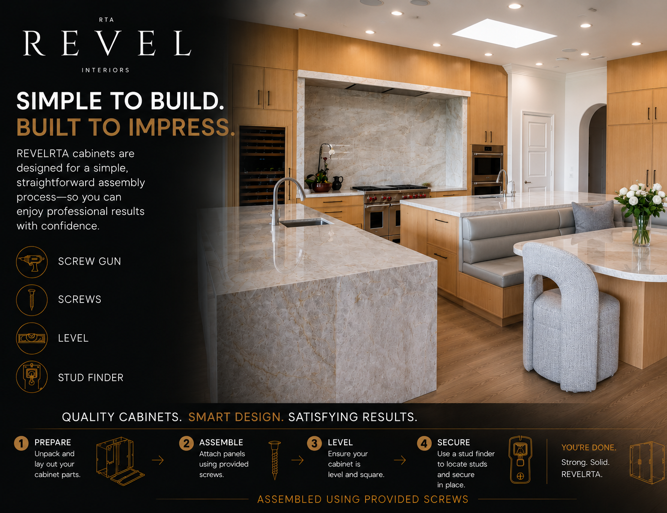 Modern luxury kitchen with granite island, white cabinetry, stainless appliances, and “Revel” promotional text