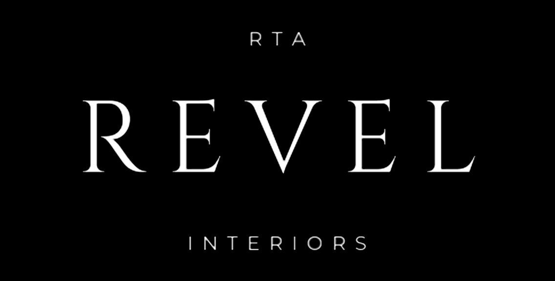 Black background with the white words “RTA REVEL INTERIORS” in a minimalist logo.