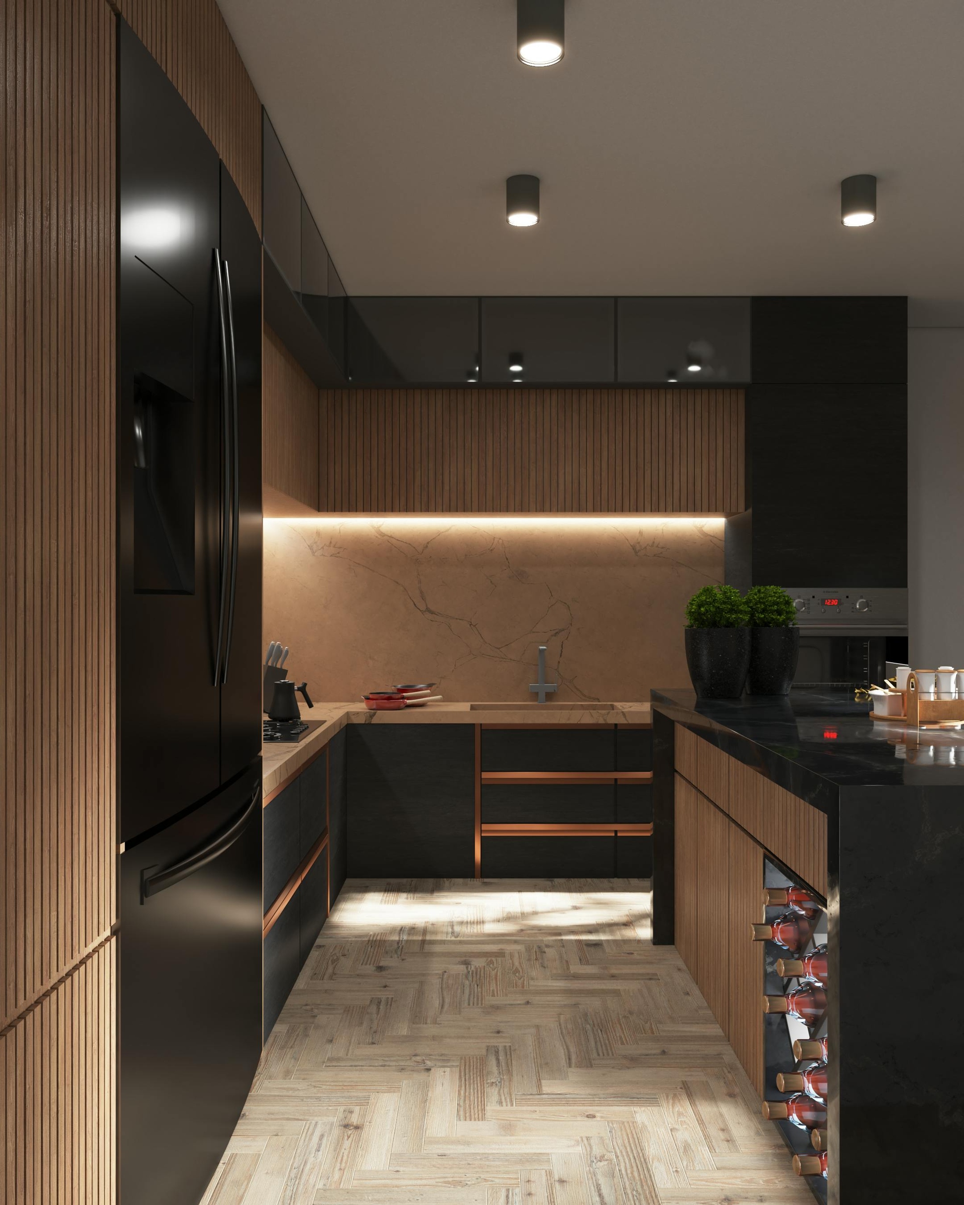 Modern kitchen with black and wood cabinets, a refrigerator, and recessed lighting.