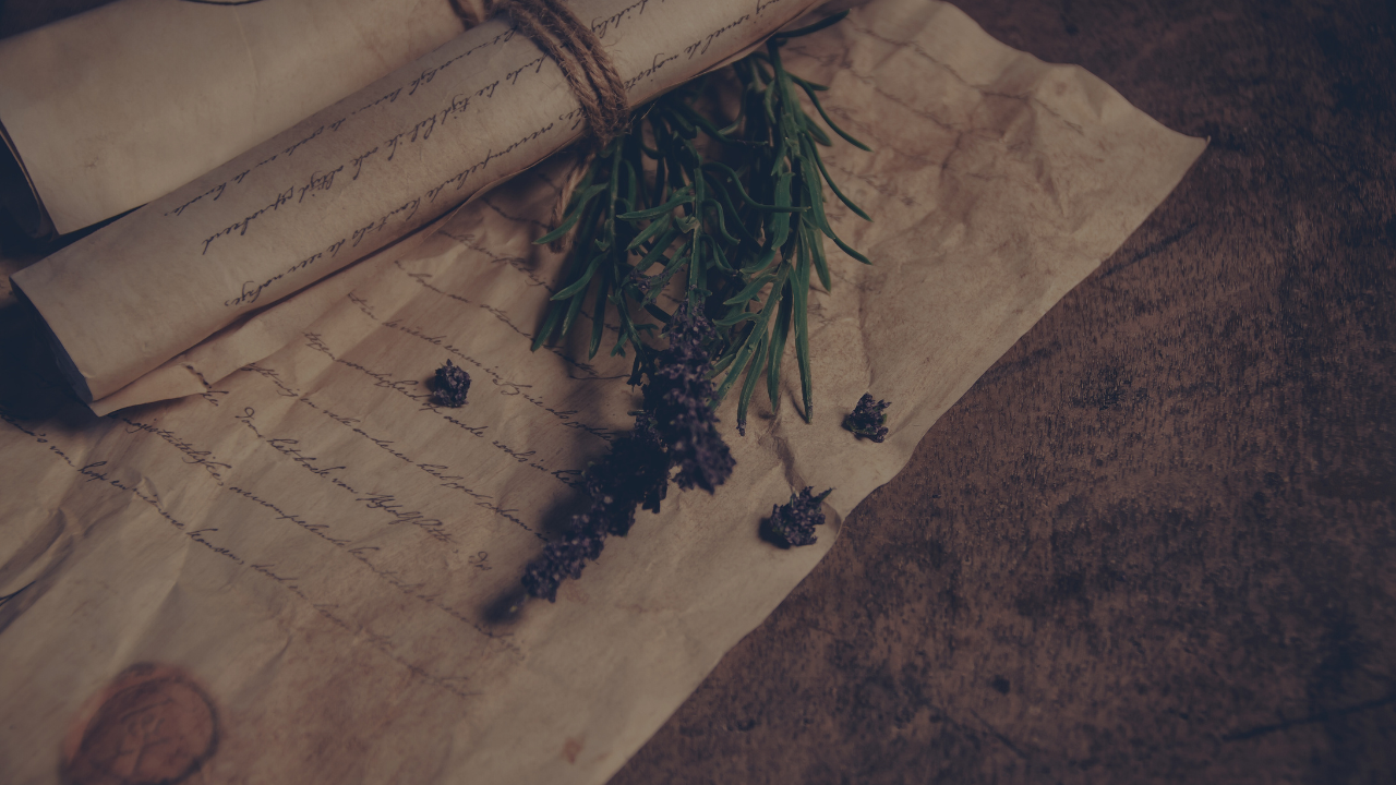 Aged paper with twine, sage leaves, and dried lavender arranged on a rustic surface