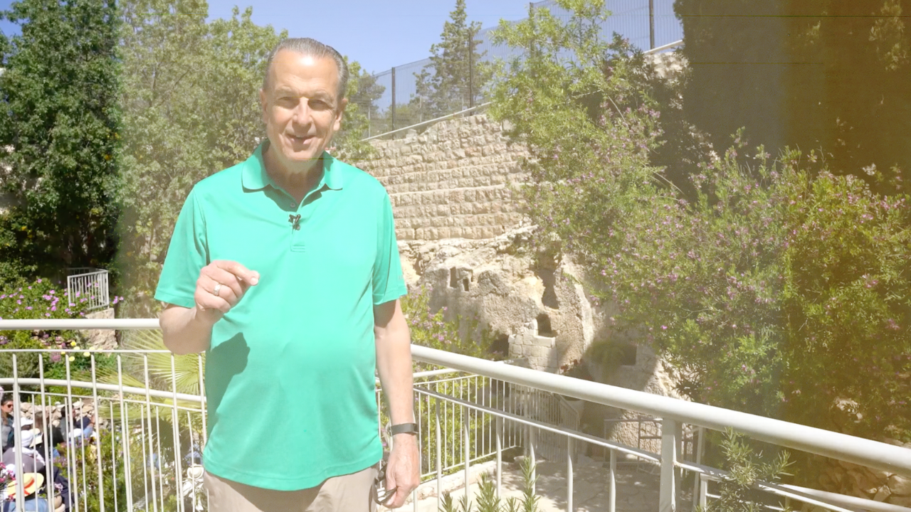 Screen capture of Pastor Bob teaching at the Garden Tomb in Jerusalem, Israel