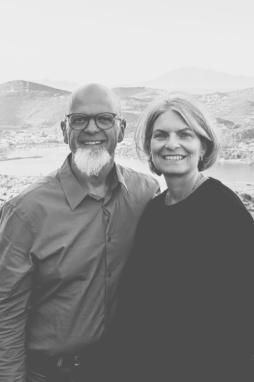 Black-and-white photo of Larry and Kendra Kaufman of Grace Church in Berlin, Ohio during a Holy Land trip