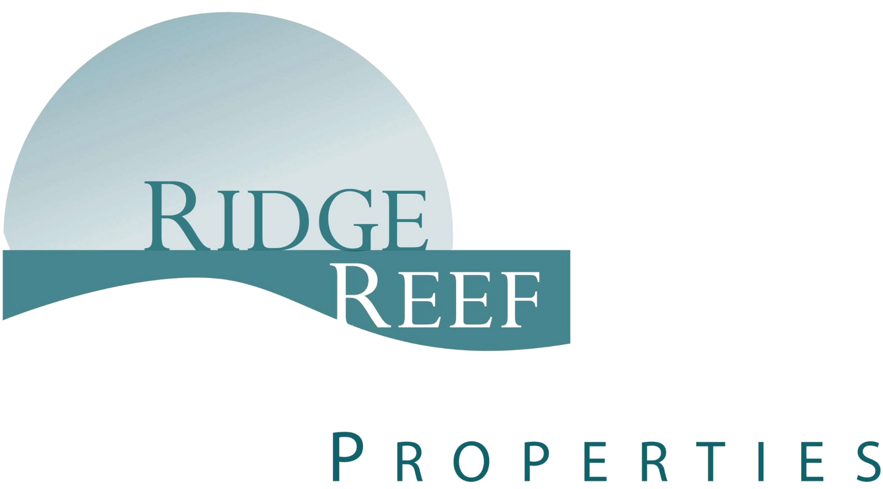 Logo for Ridge Reef Properties; teal and white semi-circle above horizontal teal bar, text: