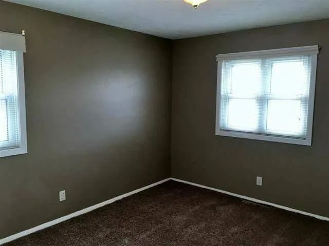 Empty brown bedroom with two windows and dark carpet