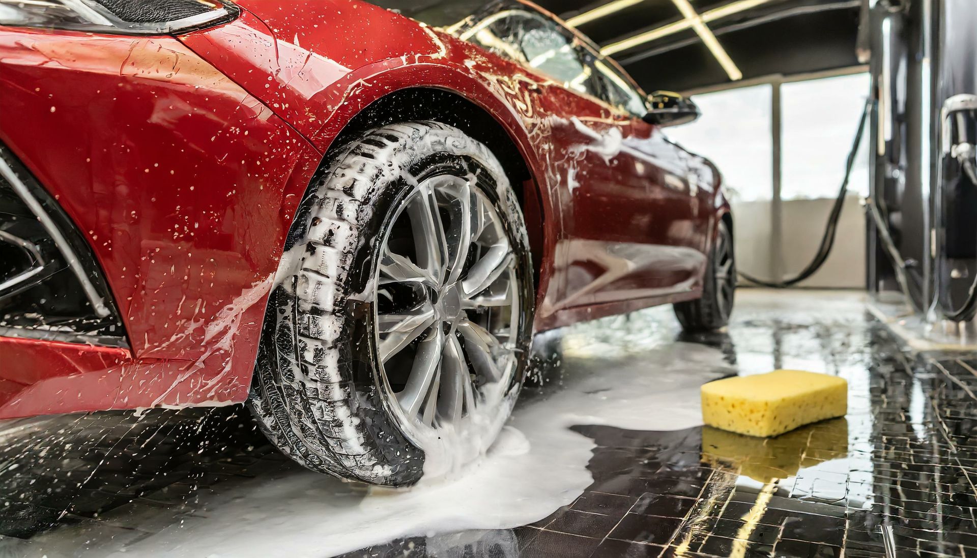 A red car is being washed in a car wash.